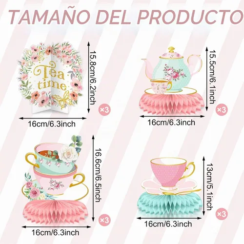 Vista 2 de 12 piezas de decoración de fiesta de té, tetera floral, centros de mesa de panal de abeja, decoración de mesa de fiesta de té para princesa