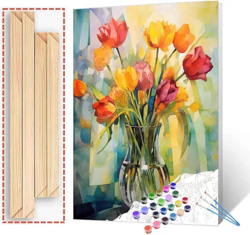 Vista 23 de Tucocoo Kit de pintura de margaritas coloridas por números con pinceles y pigmento acrílico sobre lienzo para adultos, hermoso proyecto