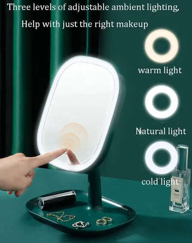 Vista 6 de Espejo de maquillaje LED, recargable por USB, espejo de tocador de mesa iluminado, 3 modos de color, espejo independiente giratorio de 180°