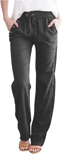 Vista 7 de Casual Pants for Women Summer Solid Color Drawstring Elastic Waist Pants Baggy Straight Leg Long Trouser with Pocket