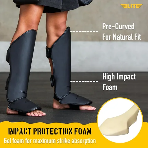 Vista 2 de Elite Sports Muay Thai MMA Kickboxing Espinilleras para niños y niñas de 4 a 14 años, protectores de espinillas con protección para el empeine