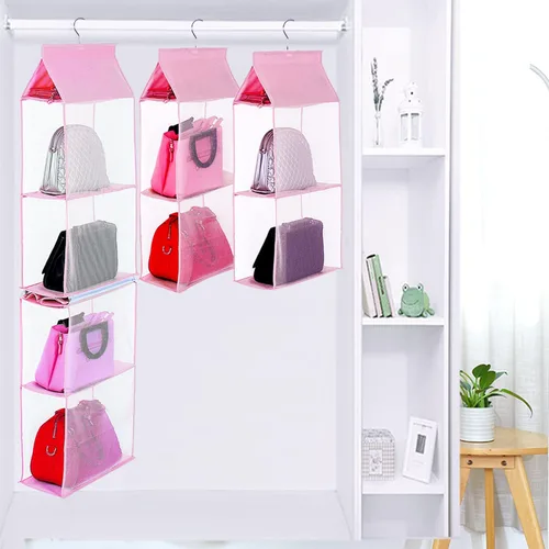 Vista 2 de KEEPJOY Organizador de bolso para armario, organizador de bolso colgante con 4 estantes de malla de alta resistencia (rosa)