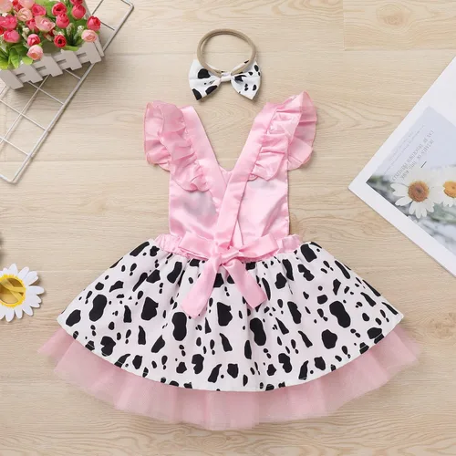 Vista 3 de IMEKIS Toddler Baby Girl Farm Cow 1st Birthday Outfit Cow Print Dress with Headband Cake Smash Photo Shoot Clothes Set