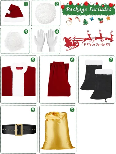 Vista 2 de Juego de disfraces de Papá Noel de lujo para hombre, 10 piezas, disfraz de Papá Noel, terciopelo clásico para adultos, traje de Papá Noel