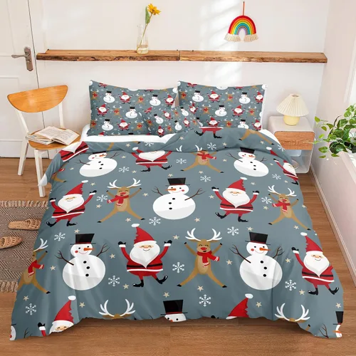 Vista 30 de Juego de ropa de cama de Navidad con funda de edredón de copos de nieve, color blanco y rojo, con estampado navideño, juego de ropa de cama festiva