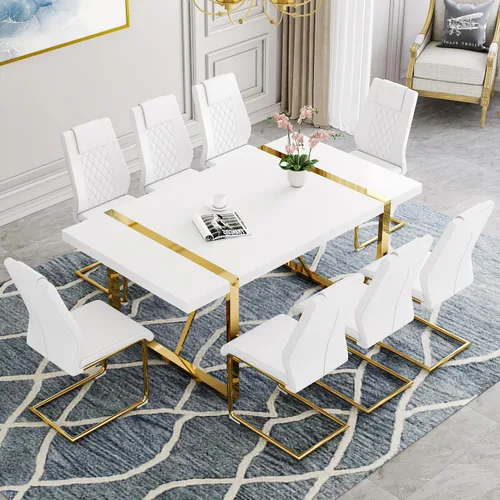 Vista 20 de Juego de mesa de comedor moderna de 55 pulgadas para 4, mesa de comedor negra y marco de metal dorado, mesa de comedor rectangular con 4 sillas