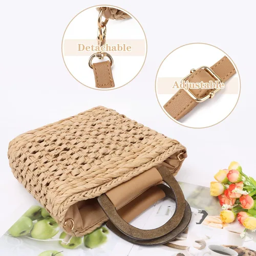 Vista 4 de Ynport Bolso de paja para mujer, de verano, playa, con cordón, de ratán, hecho a mano, tejido hobo
