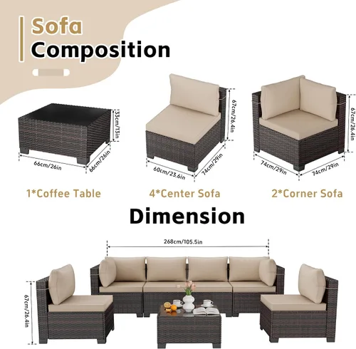 Vista 5 de LEVELEVE Juego de 7 muebles de patio al aire libre, juego seccional de conversación de ratán, sofá de mimbre de tejido manual con mesa de té Marrón
