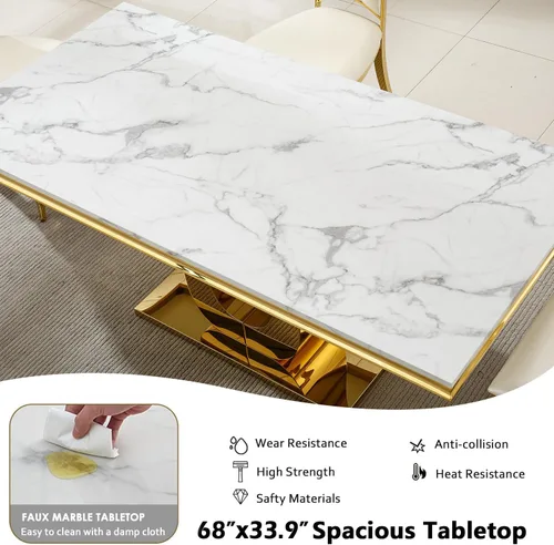 Vista 4 de Juego de mesa de comedor de mármol sintético de oro blanco de 70 pulgadas para 4, 5 piezas rectangulares de cocina y comedor con base de acero
