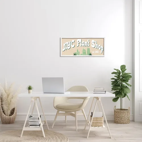 Vista 2 de Stupell Industries NYC Plant Shop Green Grass Skyline Est. 1965, diseño de Daphne Polselli - Arte de pared enmarcado blanco, 30 x 13 pulgadas