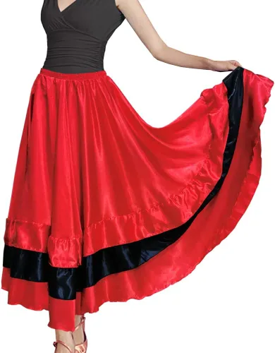 Vista 3 de BACKGARDEN Falda larga de satén con capas negras y rojas para mujer, para flamenco español, danza del vientre, ballet mexicano, actuación folklórica