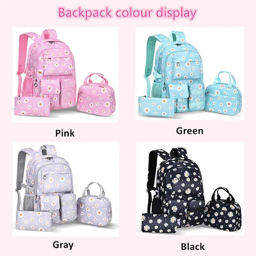 Vista 3 de Mfikaryi Mochilas con estampado de margaritas para niñas, 3 piezas, con lonchera, Gris, Moda