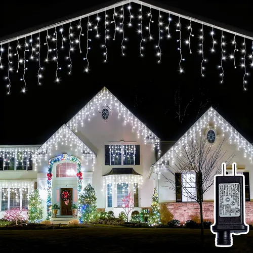 Vista 11 de Luces de Navidad de carámbano para exteriores - 200 LED 6.4+4.9 m 8 modos, cortina de luces de hadas en forma de guirnalda, enchufables