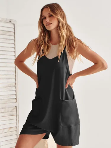 Vista 5 de Caracilia Mameluco para mujer, de verano, casual, sin mangas, suelto, con tirantes delgados, pantalones cortos, overol 2025 para vacaciones