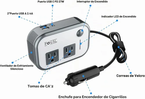 Vista 5 de FOVAL Inversor de corriente para automóvil de 200 W, CC 12 V a 110 V CA, cargador rápido para portátil con convertidor [USB-C PD de 27 W] y puertos