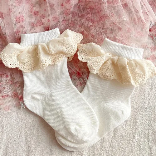 Vista 5 de Taous Assam Calcetines de encaje con volantes para bebés y niñas, calcetines de vestir de princesa con volantes