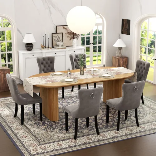 Vista 10 de Juego de mesa de comedor ovalada extensible con 4 sillas tapizadas de terciopelo de alta gama, mesa de cocina de 59 a 91 pulgadas y sillas