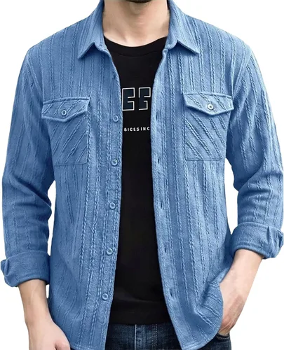 Vista 18 de Camisas con botones para hombre, casual, de manga larga, con cuello jacquard, texturizada, ligera, sobrecamisa, sobrecamisa