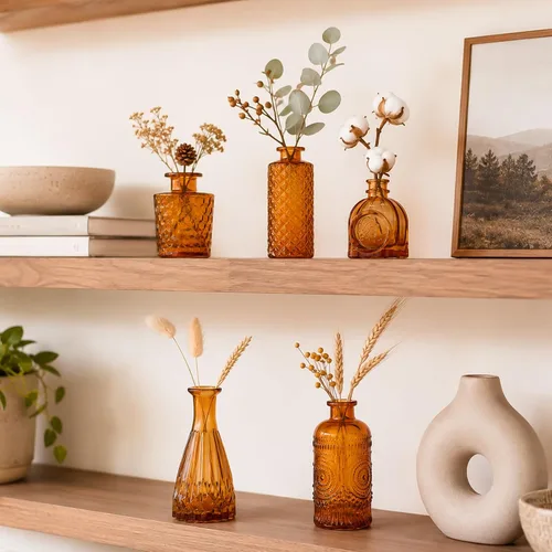 Vista 8 de UPBUD Juego de 5 jarrones de cristal ámbar, pequeños jarrones marrones para flores Mini jarrones a granel para decoraciones de boda, jarrón