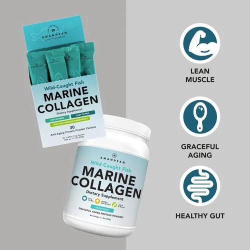Vista 2 de AMANDEAN Marine Collagen Duo. Recipiente de 17.64 oz + 30 paquetes de viaje. Péptidos de colágeno hidrolizados para piel, cabello y uñas.