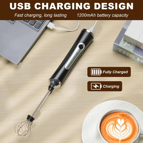 Vista 5 de Espumador de leche eléctrico de mano con 2 cabezas, batidor de café con espuma recargable por USB de 3 velocidades, licuadora de espuma para café