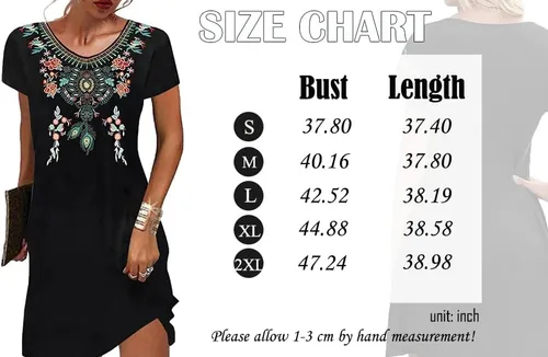 Vista 7 de Melliflo Vestido mexicano de manga corta con cuello redondo para mujer, vestido de camiseta bordado floral, vestido étnico bohemio por debajo