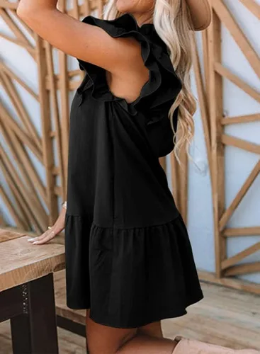 Vista 7 de Dokotoo Vestido corto de verano para mujer con cuello en V, cordón y volantes, manga corta, bolsillos laterales, mini vestido de verano