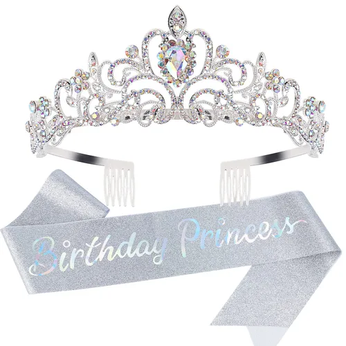 Vista 7 de VELSCRUN Tiaras de coronas de princesa de cumpleaños, banda de cumpleaños para niñas, decoraciones de feliz cumpleaños/accesorios para mujer Rosa
