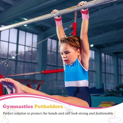Vista 5 de Skylety Muñequeras deportivas de gimnasia para niños, con bandas rosas para el sudor, equipo de gimnasia, empuñaduras de mano para niñas, niños