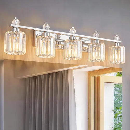 Vista 8 de Luces de Tocador de Baño de 3 Luces, Placado Negro, Modernas Luces de Tocador de Cristal para Baño, Luces de Tocador de Cristal para Usar Sobre