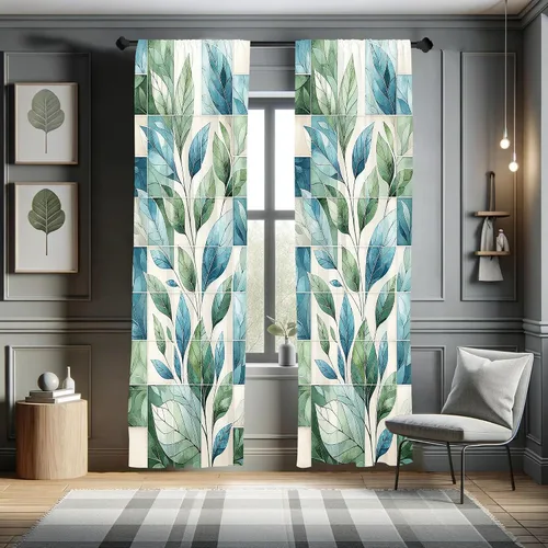 Vista 38 de Ambesonne Paquete de 2 cortinas para ventana con estampado de hojas, arte botánico con hojas, mosaico, detalles cuadrados cúbicos, naturaleza
