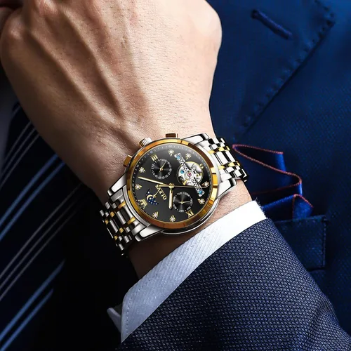 Vista 2 de OLEVS Relojes automáticos para hombre, impermeable, vestido de lujo, cuerda automática, esqueleto mecánico, tourbillon, fase lunar, acero