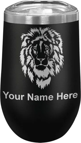 Vista 12 de LaserGram Vaso de vino de acero inoxidable de doble pared, cabeza de león, grabado personalizado incluido (negro)