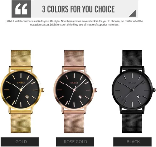 Vista 3 de SKMEI Womens Watches Slim Thin Luxury Dress Rose Gold Stainless Steel Mesh Watches Fashion Waterproof Ladies Black Wrist Watch with Date