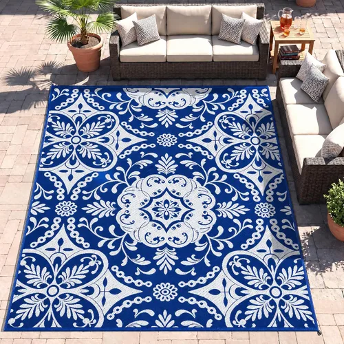 Vista 23 de Outsunny Alfombra de exterior para patio impermeable 9' x 18' rombo negro y Borde rombo negro y gris