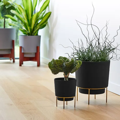 Vista 6 de Bloem Hopson Maceta decorativa de resina con soporte de metal, maceta de 6" para interiores y exteriores con soporte de metal dorado, negro