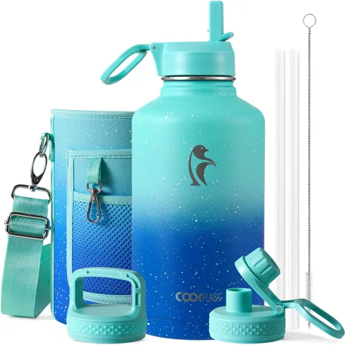 Vista 79 de Coolflask Botella de agua de 20 onzas aislada con pajilla, 3 tapas de metal de acero inoxidable, botella de agua de boca ancha para deportes u