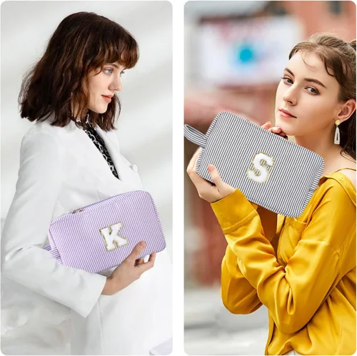 Vista 2 de Bolsa de maquillaje personalizada con inicial A-Z para mujeres, niñas y niños, bolsa de aseo de viaje, bolsa de maquillaje preparada, bolsa