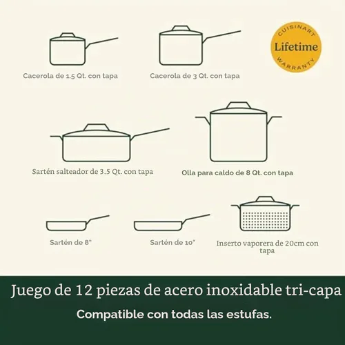 Vista 6 de Cuisinart - Juego de ollas y sartenes de acero inoxidable, compatible con inducción, 12 piezas