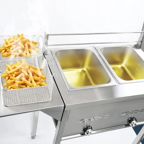 Vista 4 de Freidora comercial de dos tanques, cocina de propano con dos cestas de acero inoxidable y aceite de acero para freír al aire libre