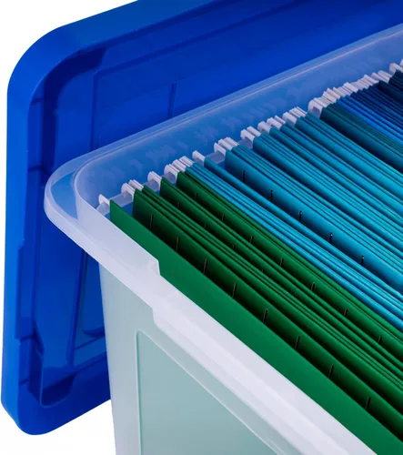 Vista 5 de IRIS USA 3-Pack 35 Qt. Letter/Legal File Box with Lid, Clear/Blue Transparente/azul