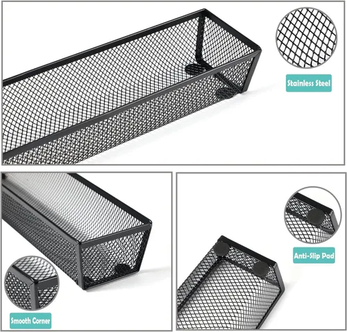 Vista 7 de BYCY Organizador de cubiertos para cajón, organizador de utensilios de malla para almacenamiento de cocina, bandeja de malla metálica de acero negro