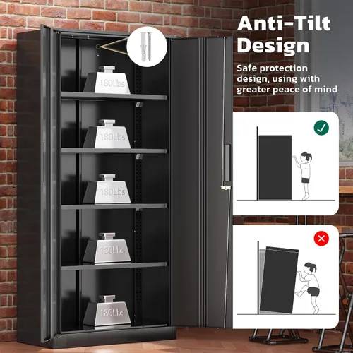 Vista 6 de Greenvelly Armario de almacenamiento de metal con cerradura, gabinete de almacenamiento cerrado negro de 72 pulgadas con 2 puertas y 4 estantes