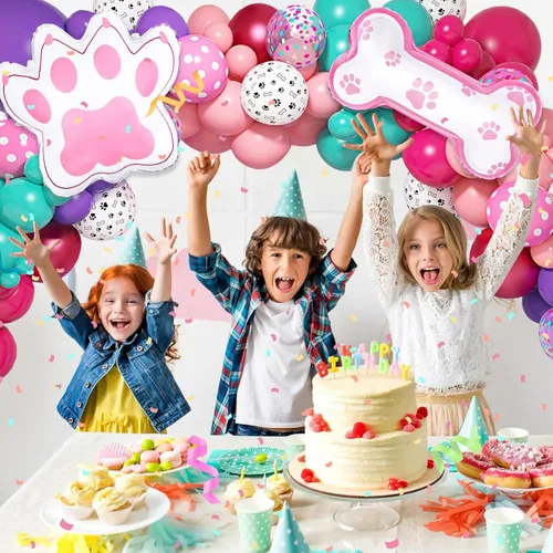 Vista 6 de Kit de arco de guirnalda de 147 piezas de globos con diseño de pata con globos con estampado de pata de perro rosa, morado, turquesa, globos