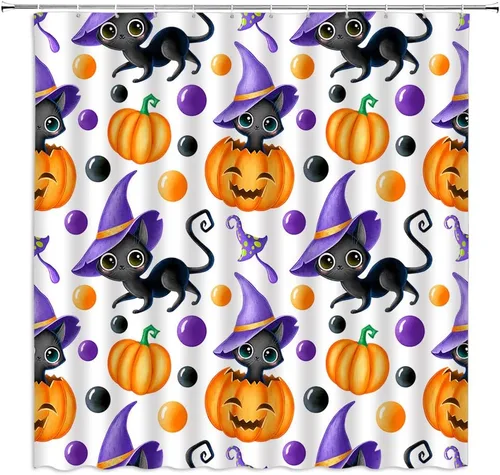 Vista 6 de Cortina de ducha de Halloween, castillo aterrador, calabaza, camión, calavera, murciélago de terror, luna llena, bruja, tela gótica, juego