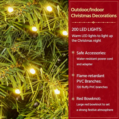 Vista 6 de Yaheetech 2 coronas artificiales grandes de Navidad de 48 pulgadas, decoración navideña preiluminada con lazo rojo, 200 luces LED y 720 puntas