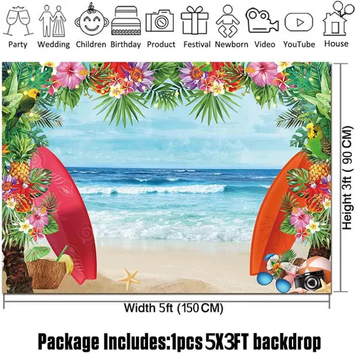 Vista 6 de HQM Fondo de fotos con temática de playa tropical de verano, 5 x 3 pies, tela para conchas de playa, Hawaii, flor de mar azul, para niños