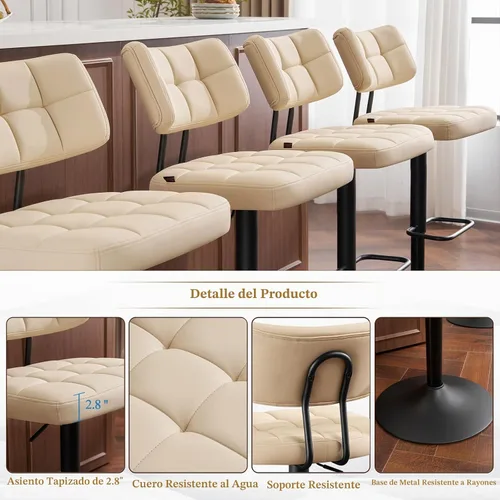 Vista 5 de Furniliving Juego de 2 Taburetes de Bar Modernos de Cuero Sintético, Taburetes Giratorios Tapizados con Respaldo, Sillas de Bar Ajustables de Altura