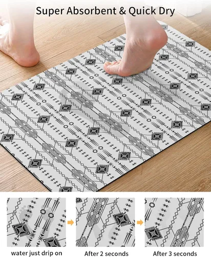 Vista 3 de Tapete de baño bohemio indio negro para bañera, antideslizante, de secado rápido y absorbente, de tierra de diatomeas, lavable, geométrico, nativo