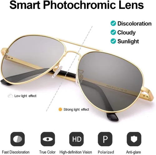 Vista 2 de Gafas de sol fotocrómicas polarizadas para hombre, gafas de sol deportivas de aviador, protección UV 400 con marco de metal grande